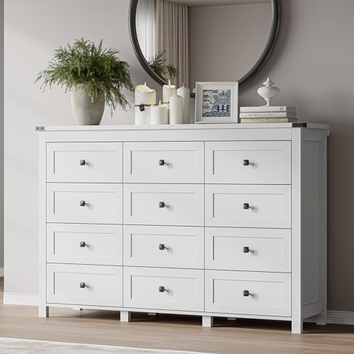 Image of BORNOON 12-Drawer Dresser, Modern Wooden Storage Chest of Drawers, Dresser TV Stand, Wood Drawer Organizer with Metal Handles for Bedroom, Living Room, Hallway