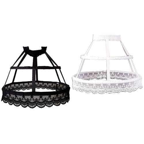 Linghe 2 Reifchen Viktorianischer Petticoat Lolita Vogelkäfig-Rock Stickerei Floral Spitze Reifrock Hochzeit Party Unterrock (Schwarz)