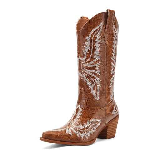 Image of Cowboy Boots for Women - Embroidered Western Cowgirl Boots with Fashion Snip Toe, 1.75-Inch Low Block Heel and All-Day Comfort Fit