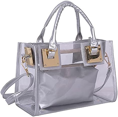 Cooba 2Pcs Women Clear Jelly Tote Beach Crossbody Transparent Messenger Shoulder Bag Handbag, Silver, One_Size