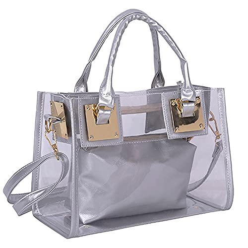 Cooba 2Pcs Women Clear Jelly Tote Beach Crossbody Transparent Messenger Shoulder Bag Handbag, Silver, One_Size #TOP3