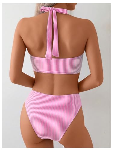Verdusa Women's 2 Piece Striped Halter Bikini Set Cross Thong Bathing Suit2