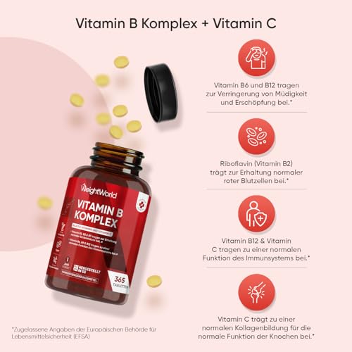 Vitamin B Komplex - 1 Jahr Vorrat - 365 Vitamin B Tabletten - Alle 8 B Vitamin B12, B1, B2, B3, B5, B6, B7, B9 - Mit Vitamin C (Ascorbinsäure), Biotin, Folsäure - Vegane B Complex - WeightWorld