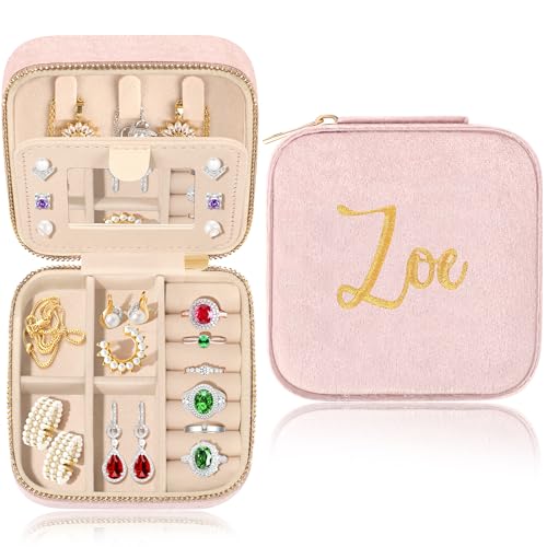 JSTUMB Zoe Caixa de joias com nome personalizado, caixas de joias verdes para viagem, suporte de brinco, itens essenciais de férias na praia, presentes de aniversário para meninas adolescentes