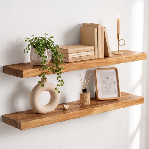 Image of Elm Floating Shelves for Wall - 30 in Rustic Solid Wood Shelves with Heavy-Duty Invisible Bracket, Wall-Mounted Wooden Shelf for Living Room, Bathroom, Kitchen Storage & Display, Set of 2, Natural