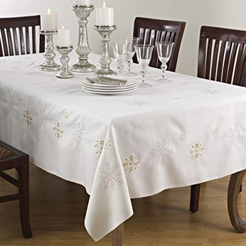 Saro Lifestyle Embroidered Snowflake Design Tablecloth, Ivory, 70"x160"