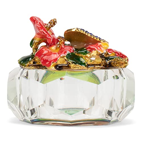 Cottage Garden Multifaceted Glass Dimensional Ornamental Trinket Jewelry Ring Earring Antique Style Vintage Collectible Figurine Keepsake Box With Bejeweled Crystals, Red Hibiscus Butterfly #TOP1