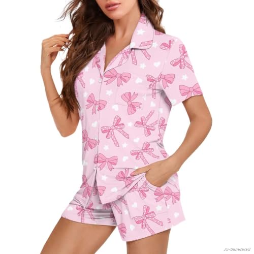 Image of Renewold Button Down Womens Pajama Set Short Sleeve Loungewear Bow Nightwear Sleepwear Night Suit Tops Shorts 2 Pieces