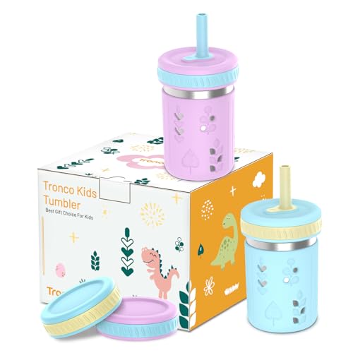 Image of Tronco [2 Pack] 10 oz 2-in-1 Stainless Steel Kids Tumbler Cups with Silicone Sleeves, Spill-Resistant Flexible Straws & Storage Lids, BPA-Free Smoothie and Snack Cups, Dishwasher Safe