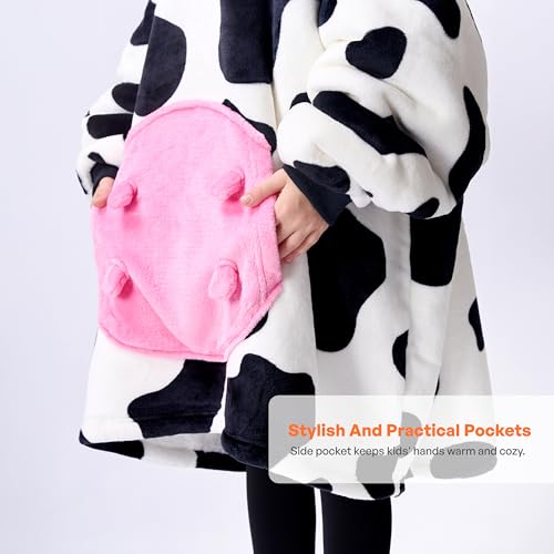 Image of Giggling Getup Wearable Blanket Hoodie for Girls and Boys Sherpa Fleece Hooded Blanket Sweatshirt Warm Cozy Sherpa Wearable Throw Oversized Hoodie with Giant Pocket & Sleeves for Kids Cow