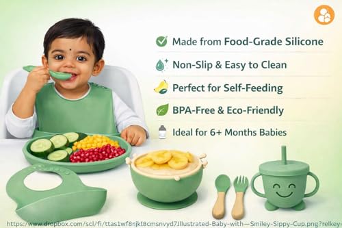 Image of SJC Global - 6 PCS (Green) Silicone Toddler Adjustable Tableware Set | Suction Bowl, Plate, Spoon, Fork, Bib & Cup for Babies | Silicone Baby Feeding Kit for Infants | BPA Free Food Grade