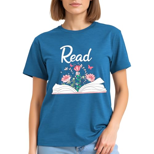 Image of Read Book Shirt for Women-Reading Teacher Tee Tops Pink Flower and Butterfly Short Sleeve Cute Book Shirt
