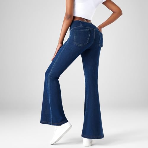 Fanica Women's High Waisted Tummy Smoothing Flare Jeans - Stretch Knit Denim Bell Bottom Pull On Leggings with Pockets2