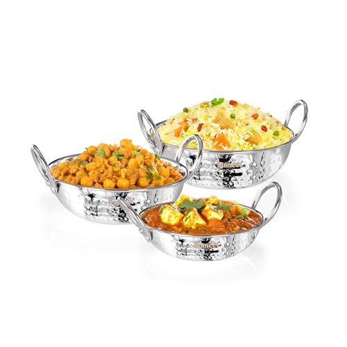 Image of Sumeet ISI Certified Stainless Steel Mini Kadhai for Serving, Tadka - Hammered Kadai, Induction and Gas Stove Friendly, Small Size (Set of 3Pc, 350ml, 550ml, 750ml, Silver)