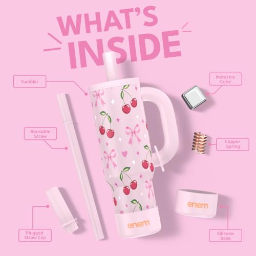 Image of enem Cherry Blossom Plugged Straw Tumbler with Handle, Stainless Steel Large Travel Mug Water Cup, Mug Travel with 1 Metal Ice Cube, 1 Copper Spring (Tamba) & Base Protector, 1.2L