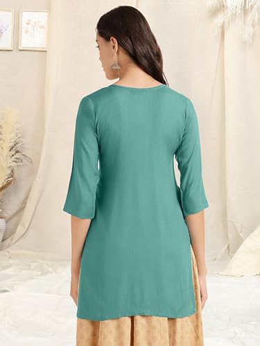 Image of MIRCHI FASHION Women's Straight Fit Rayon Sequins Embroidered and Polka Dots Printed Kurti Only