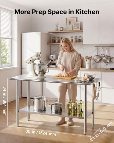 Image of VEVOR Stainless Steel Work Table, 24x60 Inch Food Prep Table, Commercial Kitchen Workstation with Adjustable Undershelf, Metal Heavy Duty Utility Worktable, for Restaurant Home Hotel Garage Outdoor