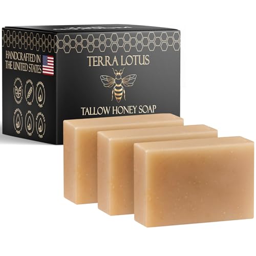 Terra Lotus - Organic Tallow Soap with Organic Castor Oil & Raw Honey - Relief for Dark Spots, Acne Marks, Hydrating & Nourishing - 3 Pack (Unscented)