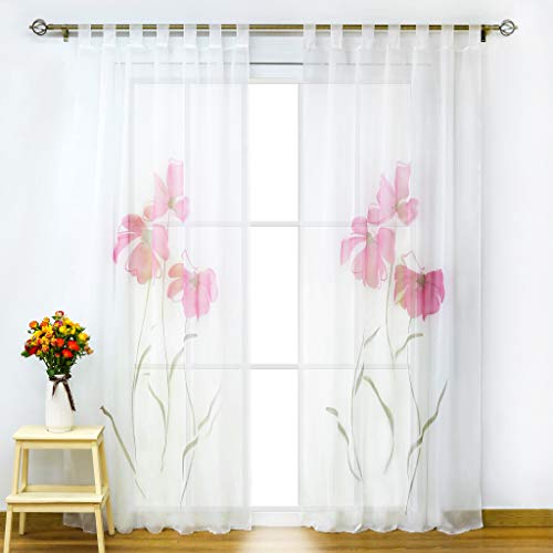 SCHOAL Cortinas con trabillas, transparentes, voile, cortina para ventana, moderna, diseño de flores, 1 unidad, 150 x 225 cm, color rosa Cover