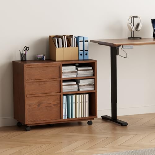 Image of Solid Wood Lateral Filing Cabinet, 3 Drawer Mobile File Cabinet,Stand with Open Shelves,Storage Drawer Cabinet，The Cabinet Features Adjustable Steel rods，Suitable for Home Offices