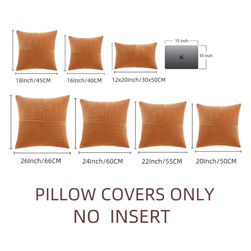 Image of Fancy Homi 2 Packs Burnt Orange Samll Fall Decorative Throw Pillow Covers 12x12 Inch with for Couch Bed Sofa, Farmhouse Boho Home Decor, Soft Corss Patchwork Corduroy Square Cushion Case 30x30 cm
