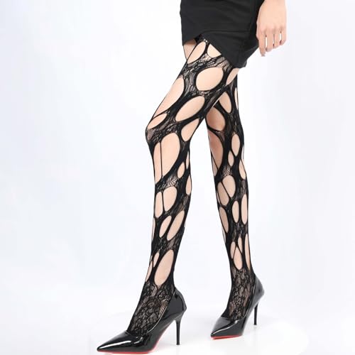 Halloween Ripped Fishnet Stockings for Women, Y2K High Waist Irregular Distressed Hole Mesh Tights Lace Sheer Pantyhose Stockings (Black)4