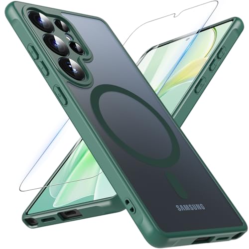 Image of OWKEY Samsung Galaxy S25 Ultra Case 6.86'', Magnetic S25 Ultra Case for Magsafe with Tempered Glass Screen, [Shockproof Military] Translucent Back Slim Bumper Cover Phone Case Galaxy S25 Ultra, Green