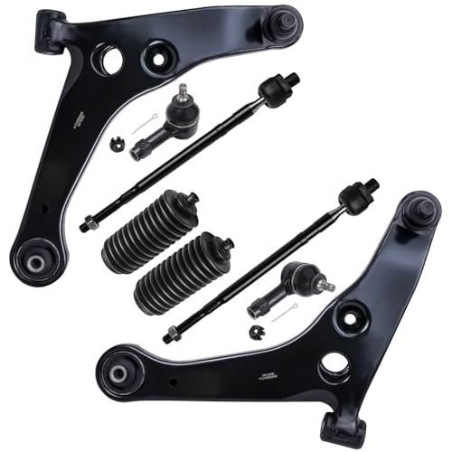 Image of Detroit Axle - FWD 8pc Front End Kit for 2002 2003 2004 2005 2006 2007 Mitsubishi Lancer, 2 Lower Control Arms with Ball Joint 4 Outer Inner Tie Rods 2 Boots Replacement