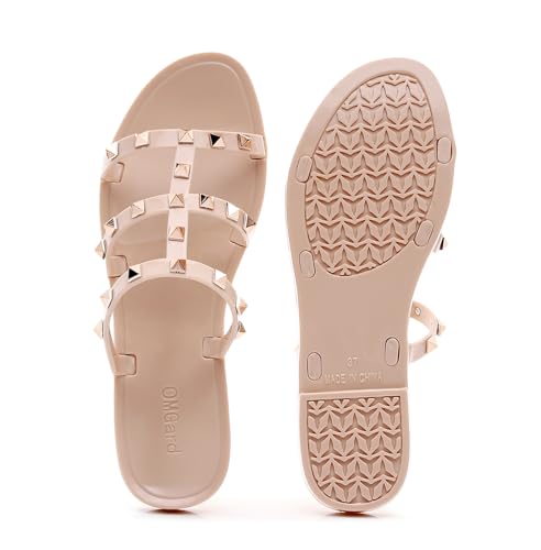 Image of Women Flats Sandals, Studded Jelly Shoes Size 9 Red Dressy Summer Beach Rivets Strappy Jellies Slide Slip On Open Toes