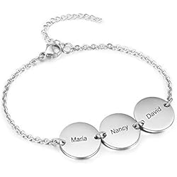Pulsera De Plata Para Grabar Mujer DaMei Personalizado Mujer Pulseras Redonda Pulsera Para Mujer Grabada Con 3 Nombres Fechas Cadena de Tobillo Con Nombre Joyería Pulseras Regalo Para Madres Hermanas BFF (Plata)