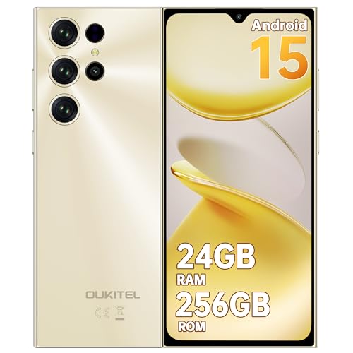 OUKITEL C61 Pro Mobile Phones 2025 - Android 15 Phone, 6.88" HD+ 5150mAh Battery Smartphone, 24GB RAM+256GB ROM+1TB, 13MP+5MP Camera, 4G Dual SIM Free Unlocked, Face ID, 5G WiFi/OTG/NFC, Gold