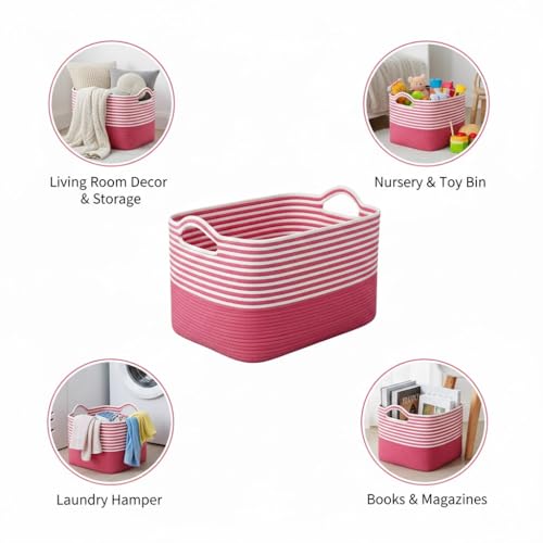 Image of Large Storage Basket, Woven Blanket Basket, Toy Basket with Handle, Laundry Hamper for Living Room, Nursery, Bedroom- 20x15x12 (LXWXH) (pink mix)