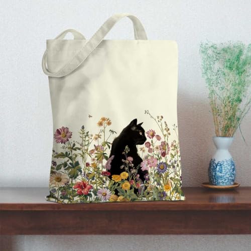Cat Mom Gifts Floral Tote Bag Cat Lovers Gifts Beach Shopping Bags, Animal Lovers Gift for Readers Women Friends Sisters Daughter Reusable Grocery Bags for Camping Picnic Graduation Birthday