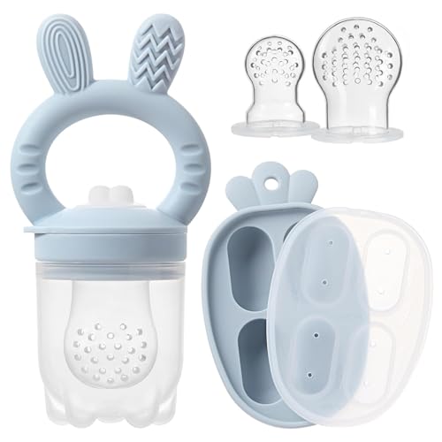 Paquete de 2 comederos de silicona para frutas para bebés con bandeja para congelador, moldes de paletas para alimentos frescos y congelados para alivio de la dentición, incluye bolsas de alimentos