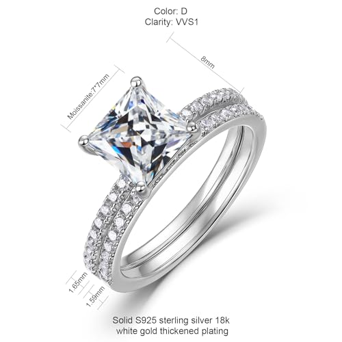WES Princess Cut Moissanite Engagement Ring - Total 1.3CT-2.3CT D Color VVS1 Square Bridal Ring Sets 925 Sterling Silver Moissanite Engagement Rings Wedding Promise Rings for Women, Size 5-102