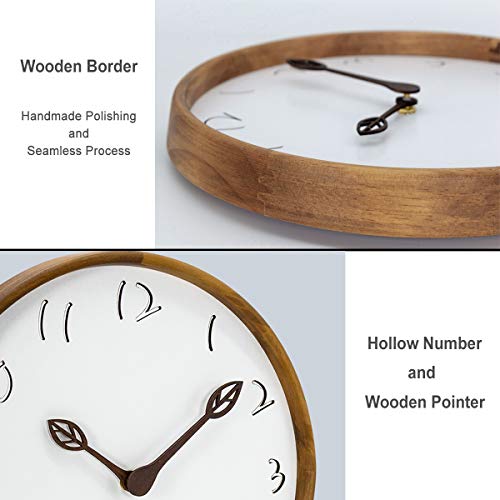 Aromustime 12 Inches Round Wood Wall Clock With Hollow Arabic Numerals, Whisper Quiet, Wood Leaf Pointer&No Glass Cover, For Office Kitchen Bedroom Classroom&Living Room, Brown #TOP1