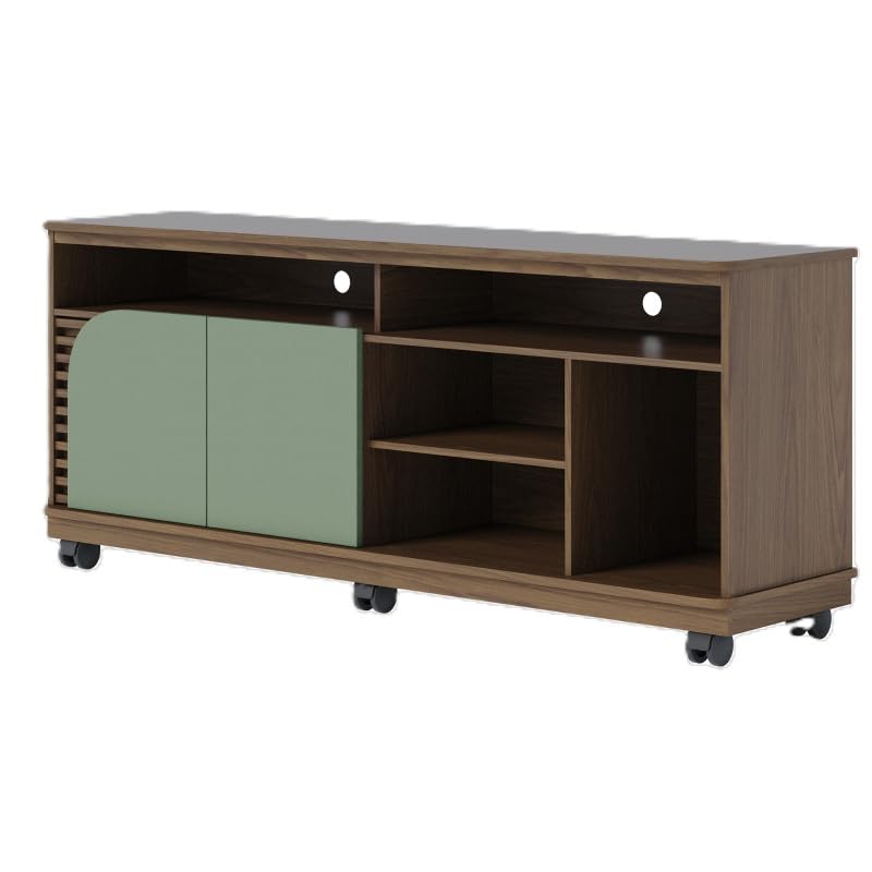 Meuble TV 65 Pouces Vert Olive et Chêne 2 Portes 7 Niches roulettes L 150 H 63.2 P 39.3 cm