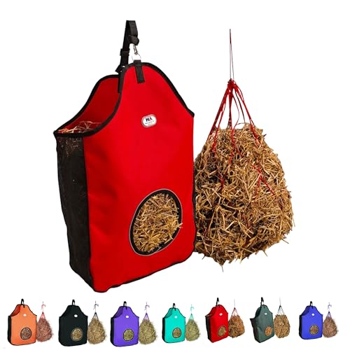 Majestic Ally 1200 D Hay Feeder Tote Bag for Horses, Sheep with Reflective Trim- Reduces Waste - Comes with 36” Hay Net. (Red)