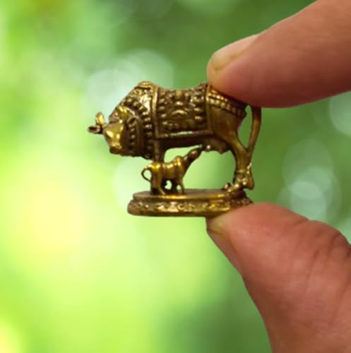 Estatua Miniatura Kamdhenu Vaca y Ternero en Latón