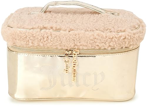 Juicy Couture Gold Makeup Bag Cosmetics Organizer Travel Essentials Train Case Shiny Rhinestones Faux Shearling