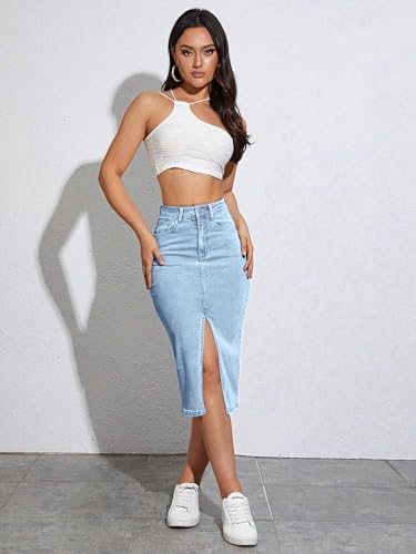 Image of Tagas Women High Waist Denim Midi Skirt with Front Slit | Stretchable Bodycon Pencil Skirt | Casual & Stylish Knee Length Skirt