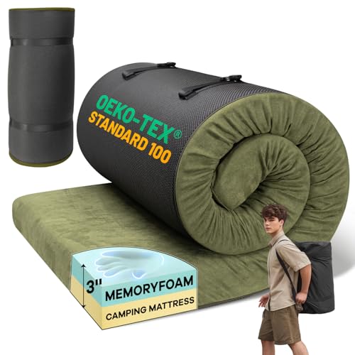 Memory Foam Camping Mattress Pad, Portable Roll Up Pads for Adults, Sleeping pad for Camping Bed, Car Bed Mat with Travel Bag- Green