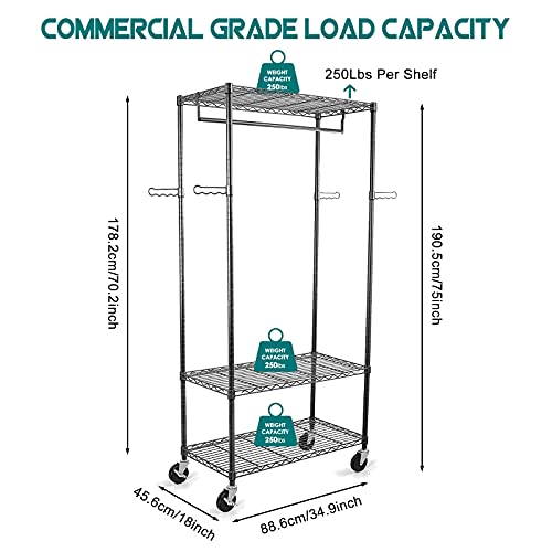 Image of Rolling Clothes Rack with Wheels, Large Heavy Duty Clothing Rack with Shelves, Adjustable Metal Garment Racks Closet Organizer Rack for Hanging Clothes, 35 inch D x 18 inch W x 74.4 inch H