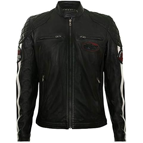 Men's Black Leather Biker Racing Fashion Motorcycle Jacket with White Stripes and Badges S Cover