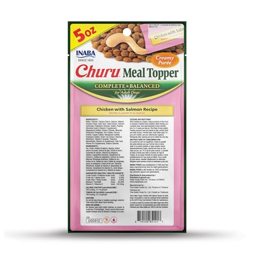 INABA Churu Meal Topper for Dogs, Complete & Balanced, Creamy, Lickable Purée Dog Food Toppers, 1.69 Ounce Tube, 18 Tubes (3 per Pack), Chicken with Salmon Recipe - Image 3