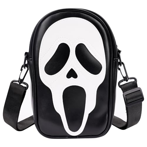 Halloween Skull Face Messenger Bag, Vegan Leather Crossbody Bag, Novelty Ghost Purse Shoulder Bag