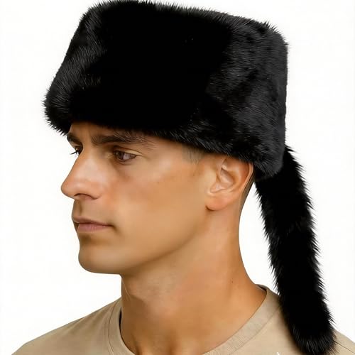 Lupidyyxun Real Raccoon Hat with Tail for Men Women Rabbit Fur Davey Crockett Coonskin Hat Russian Ushanka Fur HatsBlack