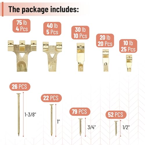 Image of Mr. Pen- Picture Hanging Kit, 310 pcs, Gold, Assorted Hooks (Pack of 2)