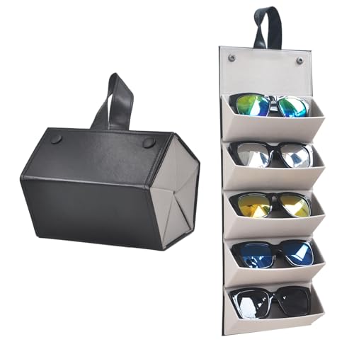 Huspox Sunglass Organizer Storage, Leather Sunglasses Case Travel Organizer with 5 Slot Compartment for Multiple Glasses