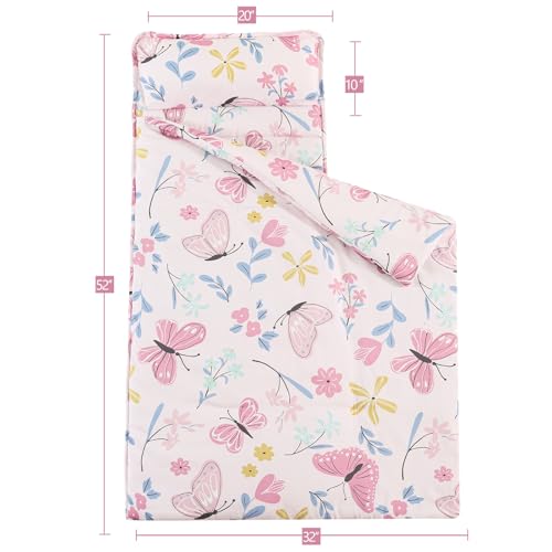 PHF Butterfly Toddler Nap Mat Set, with Removable Pillow for Toddler Girls, Soft and Lightweight for Daycare, Preschool, Travel, Kindergarten Sleeping Bag, Fits Ages 3-6 Years, Butterfly